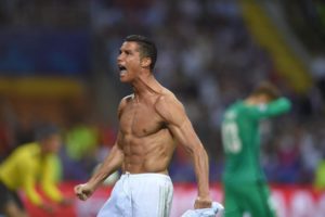 Real's Cristiano Ronaldo celebrates after scoring during the penalty shootout of the UEFA Champions League Final between Real Madrid and Atletico Madrid at the Giuseppe Meazza stadium in Milan, Italy, 28 May 2016. ANSA/PETER POWELL